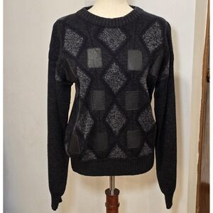 Mens Black‎ Vintage Acrylic Sweater Leather Accent Geometric Retro Grandpa M